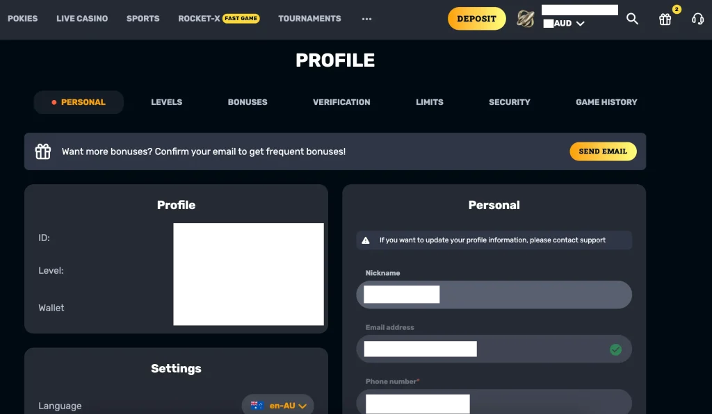 Profile interface at RocketPlay Casino