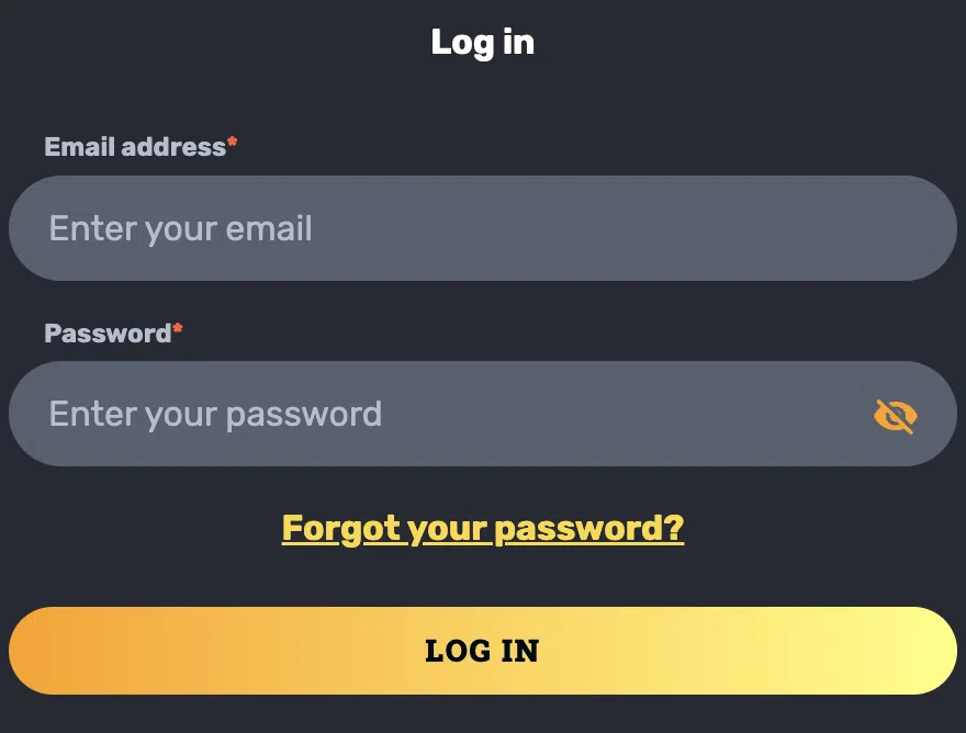 Log in form at Rocket Play Casino